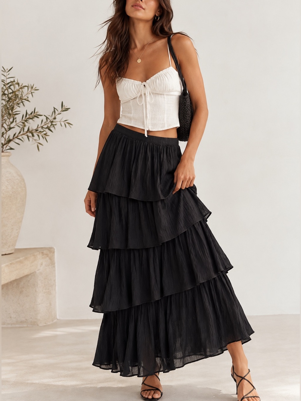Abercrombie & Fitch Black Tiered Ruffle Maxi Skirt Boho Goth Cottagecore Size: S